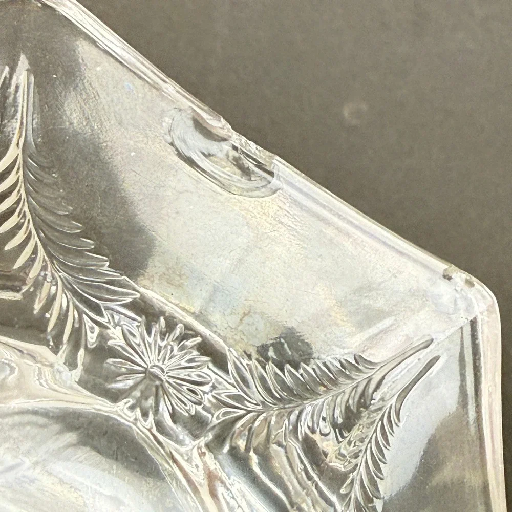 Pressed Glass Floral Etched Butter Dish with Lid, Hexagonal Base Clear Vintage
